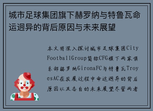 城市足球集团旗下赫罗纳与特鲁瓦命运迥异的背后原因与未来展望